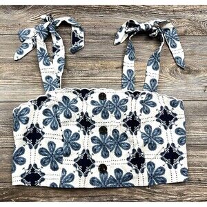 AguaBendita White/Blue Crop Top Tank S‎ Linen Blend Summer Beach Boho Festival